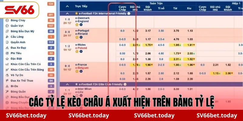 Các tỷ lệ Kèo châu Á xuất hiện trên bảng tỷ lệ
