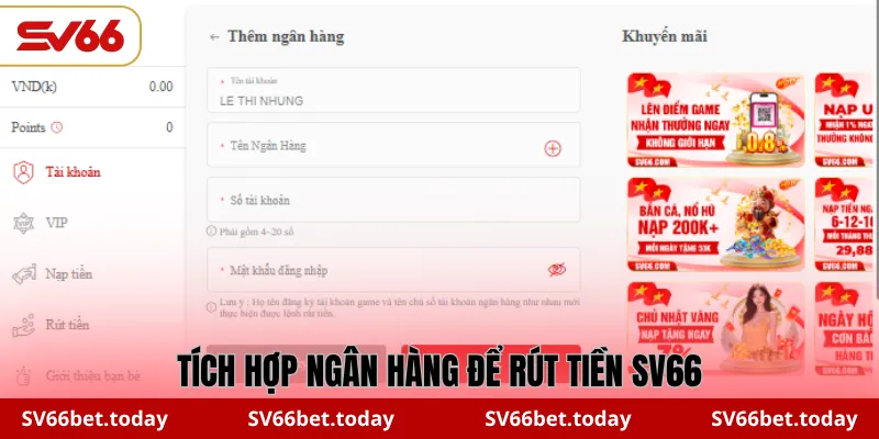 Tích hợp ngân hàng để rút tiền SV66